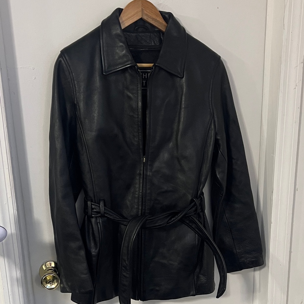 Women's Belted Black Leather Jacket